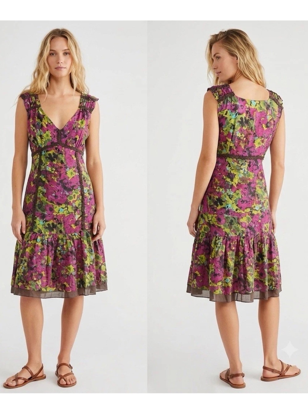 Sundance 100% Silk Y2K Midi Dress P12 Purple Brown Floral Chiffon Ruffle V-Neck